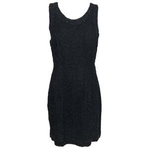 Vintage Laurence Kazar Black Silk Chiffon Bugle Beaded LBD Cocktail Dress 1980's